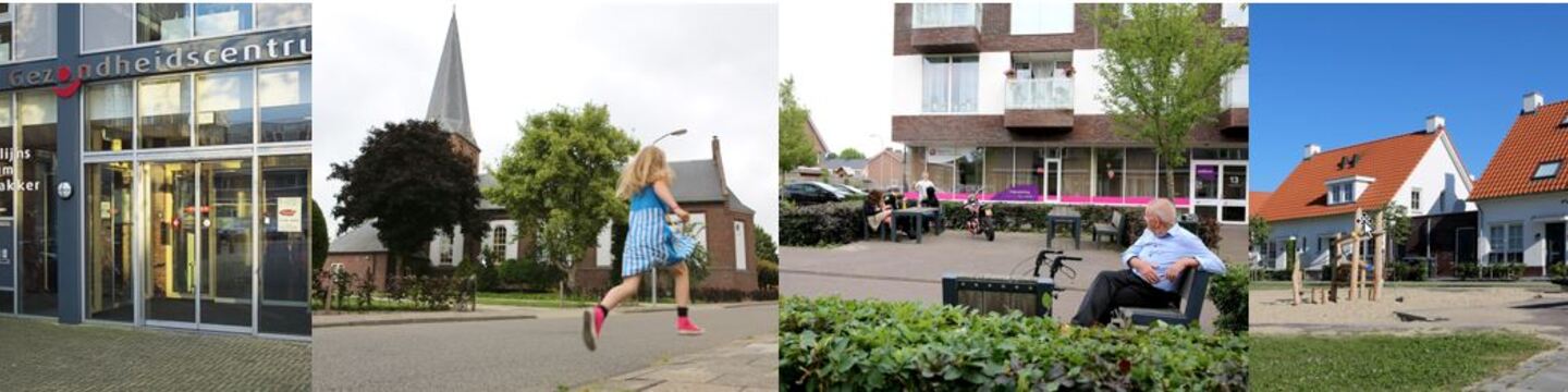 Banner met een gezondheidscentrum, een spelend kind, een seniorencomplex, woningen met een speeltuin